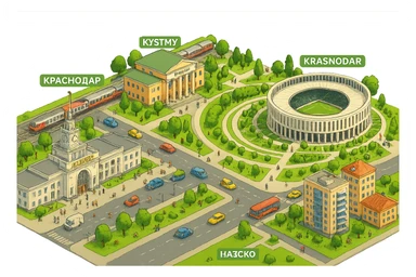 Изометричная миниатюрная фотореалистичная 3D модель панорамы Краснодара - вокзал Краснодар, КубГМУ, парк Краснодар со стадионом, краснодарские дома, автотранспорт четкие линии, яркие цвета, мультяшный реализм, люди, автотранспорт, компактная композиция, вид сверху в изометрии, прозрачный фон sticker