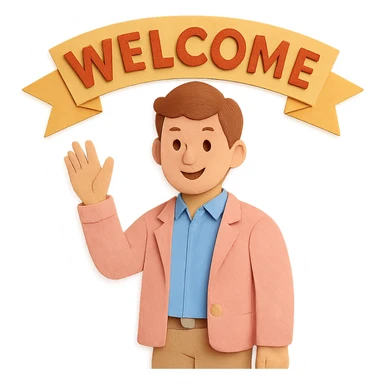 human character, center-frame, casual smart clothing in pastel blues, pinks, and neutrals, warm smile, one hand raised in a wave, stylized 'Welcome' banner behind, isometric perspective, soft diffuse studio lighting, subtle shadows, light depth of field, smooth rounded shapes, realistic skin texture, clean polished surfaces, modern minimalistic setting sticker