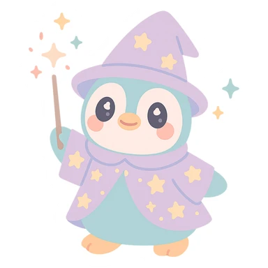 cartoon penguin wizard with starry robe, holding wand, magical sparkles around sticker