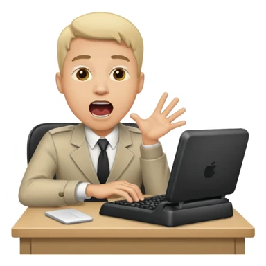 man at desk, mouth open shouting, typing fast sticker