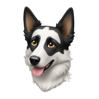 Black and white shepherd dog with one black eye sticker