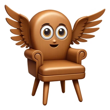 A wooden chair with big cartoon eyes, flying through the air with small wings sticker