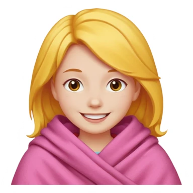 happy smile emoji red cheeks in pink blanket dark yellow hair sticker
