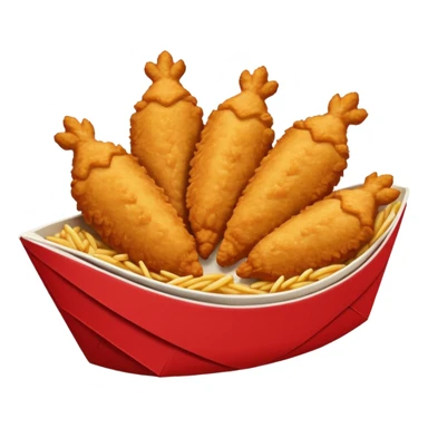 Five delicious breaded irregular chicken tenders in a red paper food boat sticker