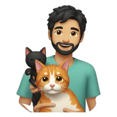 Boy with black hair and beard playing with ginger cat sticker