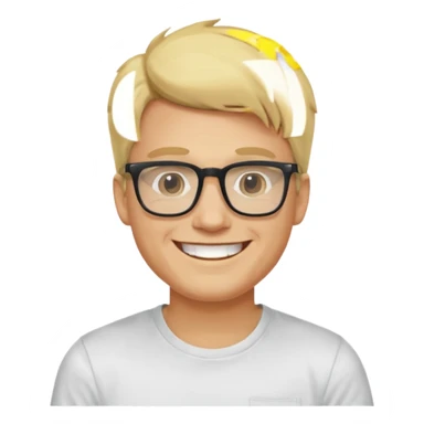 portrait of adult man no old man, wearing a t-shirt, square glasses, grinning face, blond hair sticker
