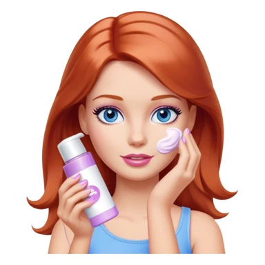 Barbie girl Chestnut-red Shoulder-length hair and blue eyes is In pale purple applying cream on face sticker