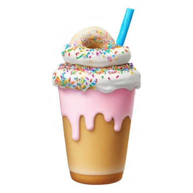 a birthday cake flavored milkshake topped with sprinkles, a donut hole, a sprinkle sugar cookie and a swirl lollipop sticker