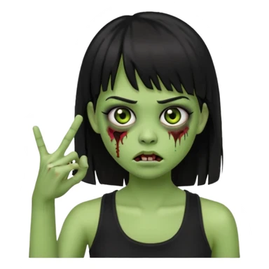 Crie um emoji de zumbi garota do iphone, que tenha o cabelo preto longo, pele levemente esverdeada, de cumprimento no peito, que tenha uma franja no tamanho da sobrancelha, com os olhos escuros e que use uma regata preta sticker