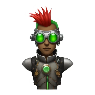 Male cyborg with thin red Mohawk and green steampunk goggles sticker