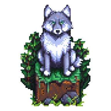 wolf in minecraft style, pixel art, sitting, grassy block background sticker