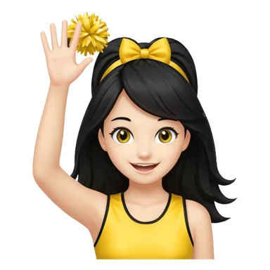 A long black hair teen girl waving pom-poms, eyes sparkling with excitement, yellow cheer leader top sticker