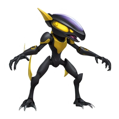 a shiny black-yellow Genesect-Raptor-Fakémon—hybrid with a futuristic visor-helmet full body sticker