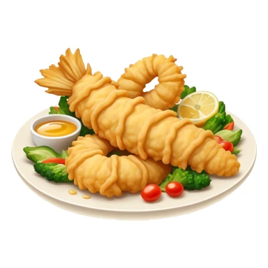 Cinematic Realistic Tempura Dish Emoji, depicted as lightly battered and fried seafood and vegetables rendered with delicate textures and crisp, inviting lighting. sticker
