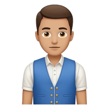 a man with a white shirt and a blue. vest sticker