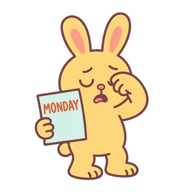 yellow bunny holding Monday memo while rubbing eyes, pastel toon style, soft colors sticker