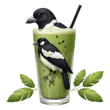 It’s an Australien Magpie (just black and white feathers) sitting on an iced matcha latte on the edge of the glass. It has green matcha on its beak indicating it drank. The iced matxha latte is in a see through glass and white from the oat milk on the bottom and green on top… one straw and ice cubes sticker