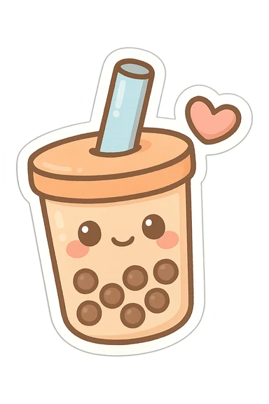 chibi sticker-style bubble tea with a heart accent, cute and exaggerated sticker