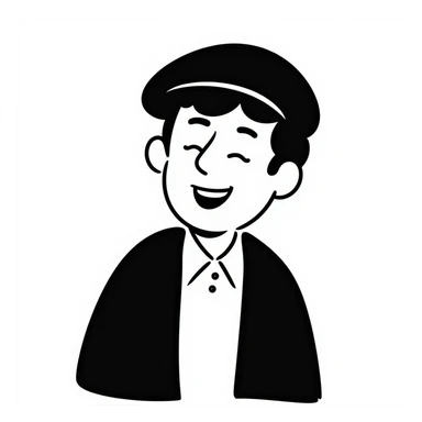 laughing man with black beret, friendly expression, the word 'Merci' integrated clearly and legibly, suitable as an icon, hand-drawn notion style sticker