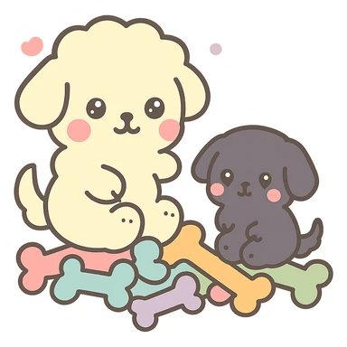 Make the black dog smaller compared to the cream dog, keeping the kawaii chibi style. Leave the cream dog and the pile of colorful bones unchanged. Transparent background. sticker