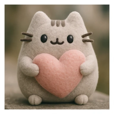 Pusheen hugging a big heart, pastel colors, adorable, plush portrait style sticker