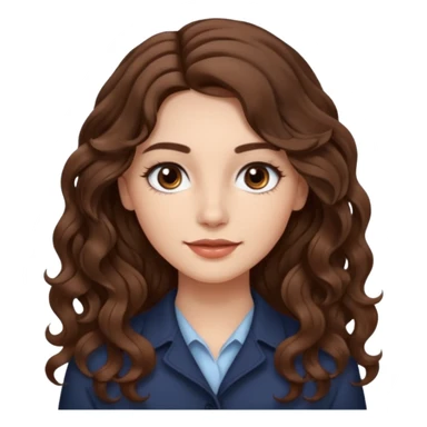She has long, brown hair styled in soft wavy curls with a middle part. She has well-shaped eyebrows and dark brown eyes. She is wearing light makeup that highlights her natural beauty and is offering a slight smile to the camera.  sticker