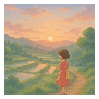 aesthetic morning sunrise, soft pastel colors, gentle light, serene landscape, in Ghibli style sticker