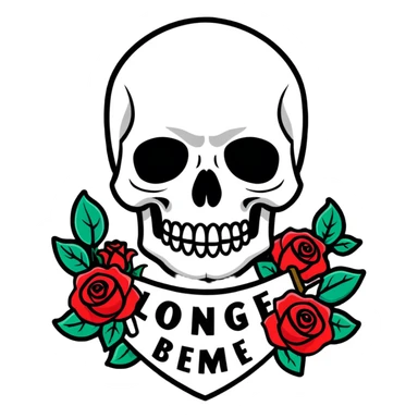 Traditional Americana tattoo art skull with bold outlines, red roses, and a banner sticker