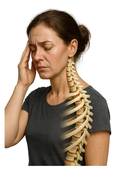 donna stanca che si tiene una mano sulla tempia con spina dorsale anatomica visibile, iperrealistico 4k sticker