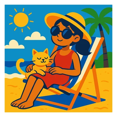 girl sitting in a beach chair with her cat, sunny summer day, vibrant toon style sticker