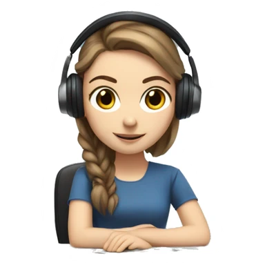 white girl at desk, brown hair, ponytail, blue eyes, computer, headphones sticker