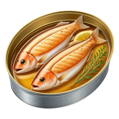 oval metal tin slightly open revealing firm light brown fish fillets packed in oil with soft sheen and visible grain shallow can with rolled edge typical of preserved fish packaging no fork herbs or label just opened tin and fish soft lighting subtle shadows emoji scale sticker