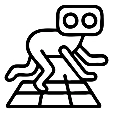 SEO robot crawler icon with robot having search light eyes, crawling motion, digital web grid background, minimalistic sticker