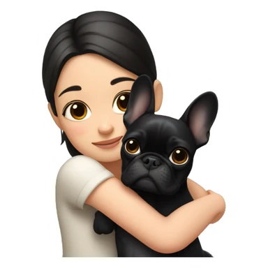 A girl with dark hair hugs a black French bulldog sticker