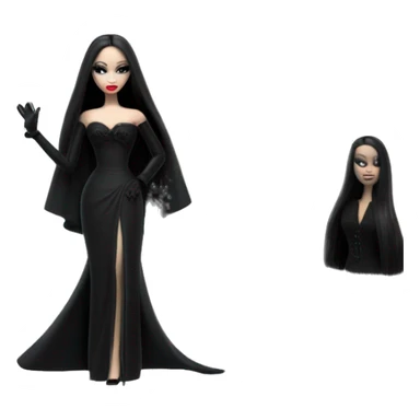 Funeral Barbie,teen Morticia Addams ,drying tears with handkerchief, show full body,accessories  gloves, funeral veil, holding umbrella  sticker