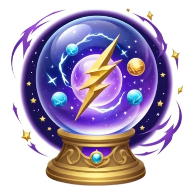 A mystical, glowing crystal ball with swirling sparkles and lightning bolts inside, surrounded by zodiac signs and planets floating in space, with tarot cards spread out on the table around the ball. Use bright purples, blues, and golds to create a magical, mysterious vibe. transparent background.  sticker