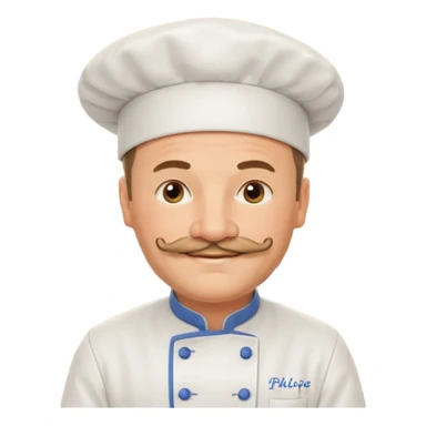 Est-ce que tu peux me faire un chef cuistot qui ressemble à Philippe Etchebest et qui est devant un restaurant? Est-ce que tu peux le faire souriant, avec une moustache de cuistot? 
 sticker