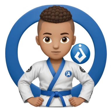 Mixed race boy BJJ instructor with pony tail afro hair and shaved bald sides haircut, Make the hair brown and the belt blue. Add the roger Gracie academy logo on the go also and the p logo of progress jiu jitsu on the right arm sleeve  at the top sticker