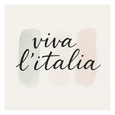 Calligraphic text 'viva l'italia' in black handwritten style on white background in watercolor style with white, green, and pink pastel tones sticker