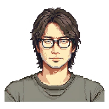 Hideo Kojima as a creative game director with glasses and unique hairstyle, stylized portrait in pixel art style sticker