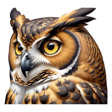 Cinematic Deep Thought Great Horned Owl Portrait Emoji, Head held high with a calm, reflective gaze, showcasing a beautifully mottled plumage and piercing golden eyes that seem to ponder the mysteries of the night, Simplified yet majestically refined features, highly detailed, glowing with a soft, contemplative light, high shine, poised and thoughtful, stylized with an air of profound introspection, capturing the essence of an owl deeply engaged in thought, so thoughtful it feels like it could silently share timeless secrets from beyond the screen! sticker