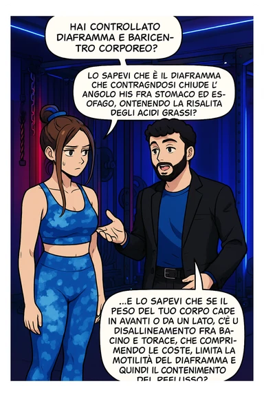 TRASFORMA QUESTO CAROSELLO IN UN FUMETTO STILE WEBTOON/MANGA A COLORI CON QUESTE DUE PERSONE IDENTICHE CHE INTERLOQUISCONO TRA LORO, L'uomo sta spiegando alla donna questo concetto:

LUI (UOMO): Hai controllato diaframma e baricentro corporeo?
LUI (UOMO): Lo sapevi che è il diaframma che contraendosi chiude l’angolo his fra stomaco ed esofago, contenendo la risalita degli acidi grassi?
LUI (UOMO): …e lo sapevi che se il peso del tuo corpo cade in avanti o da un lato, c’è un disallineamento fra bacino e torace, che comprimendo le coste, limita la motilità del diaframma e quindi il contenimento del reflusso? sticker