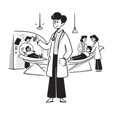 A doctor in a hospital surrounded by modern hospital equipment and technology and other nurses treating patients sticker