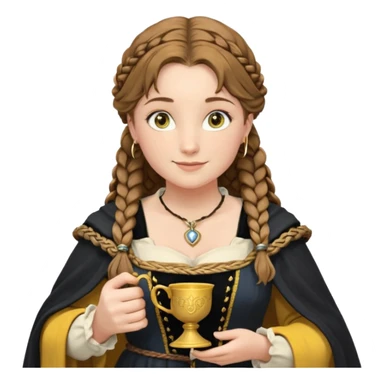 Helga Hufflepuff, light blue eyes, brown-haired, two braids, yellow-black medieval dress, black cloak decorated with gold braiding, tiny gold cup with two handles, very kind smile, half-turned in profile, curvy busty sweet woman, macromastia, thick round rosy cheeks, full length with medieval shoes sticker