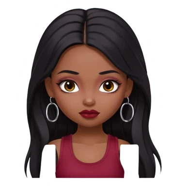 a pretty bratz girl with long black hair, kajal under eyes, small silver hoop. Dark cherry red tank top on.  sticker