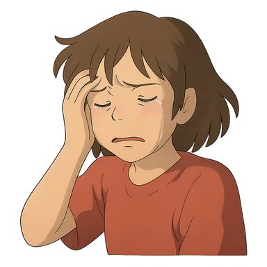 ghibli style sad girl with pained expression, hand on temple, headache sticker