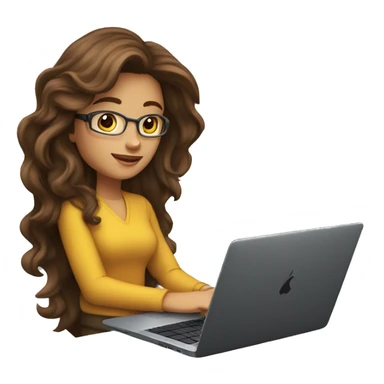 female coder with apple laptop in front of her, very long wavy brown hair, brown eyes, facing the right side looking at the laptop sticker