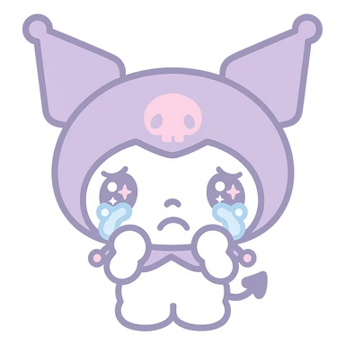 Kuromi crying, kawaii style, transparent background, hands on face sticker