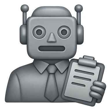 Make the recruiter robot emoji more masculine in a flat, metallic style similar to Apple emojis. The robot should be holding a clipboard. The background should be transparent. sticker