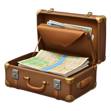 An open traveler's suitcase, from which a map, camera, and phrasebook peek out. sticker
